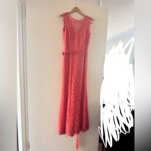 Betsy & Adam Coral Lace Maxi Formal Dress